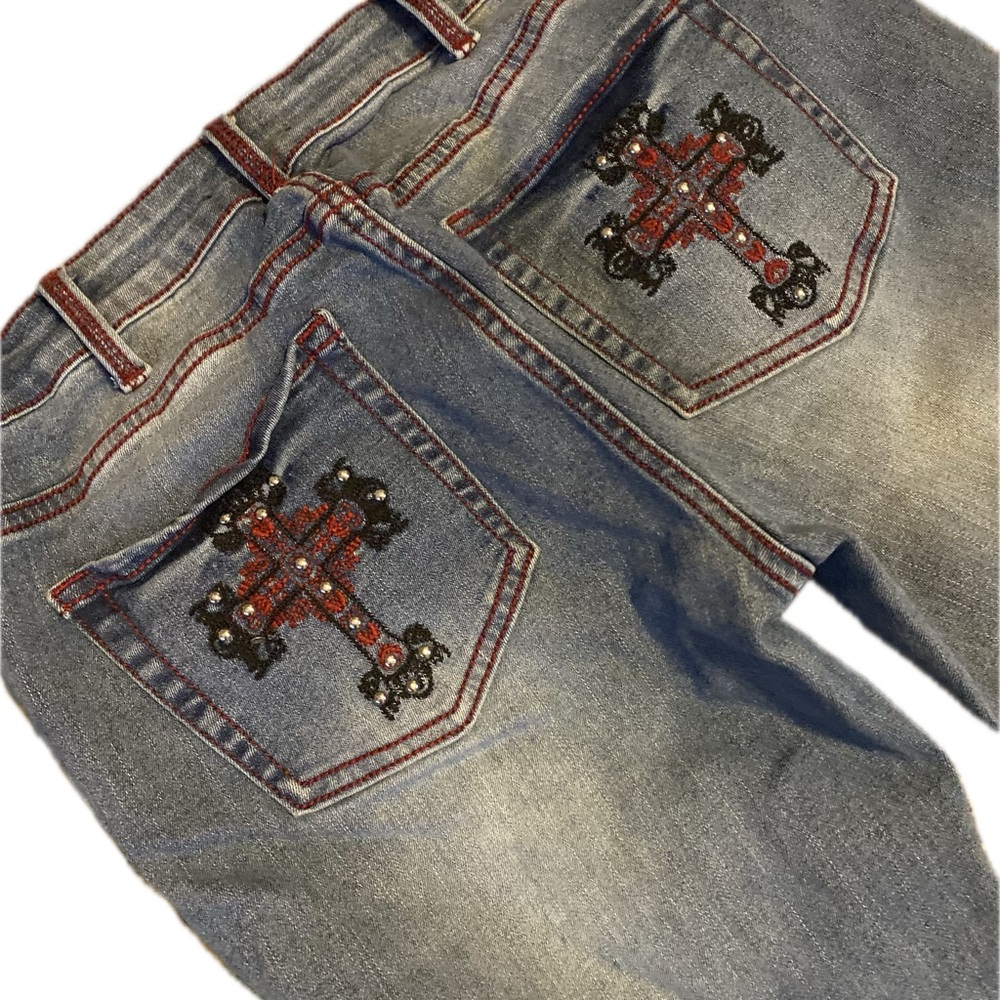 Women Blue Jeans with Embroidered Gothic Goth Grunge Cross Pockets